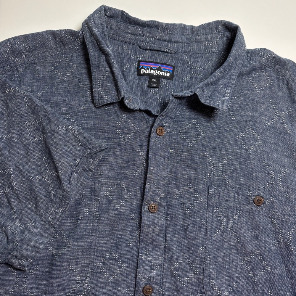 Patagonia Blue Hemp Organic Cotton Mens XXL Short Sleeve Button Down Shirt